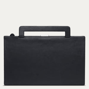Black leather briefcase for men with original handpainted pop art on canvas. Available at Paul Adams World.