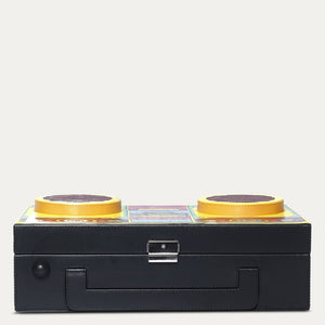 Boombox features a handpainted explosion of colors and defined geometric shapes in a vibrant, bright palette. Shop at Paul Adams world