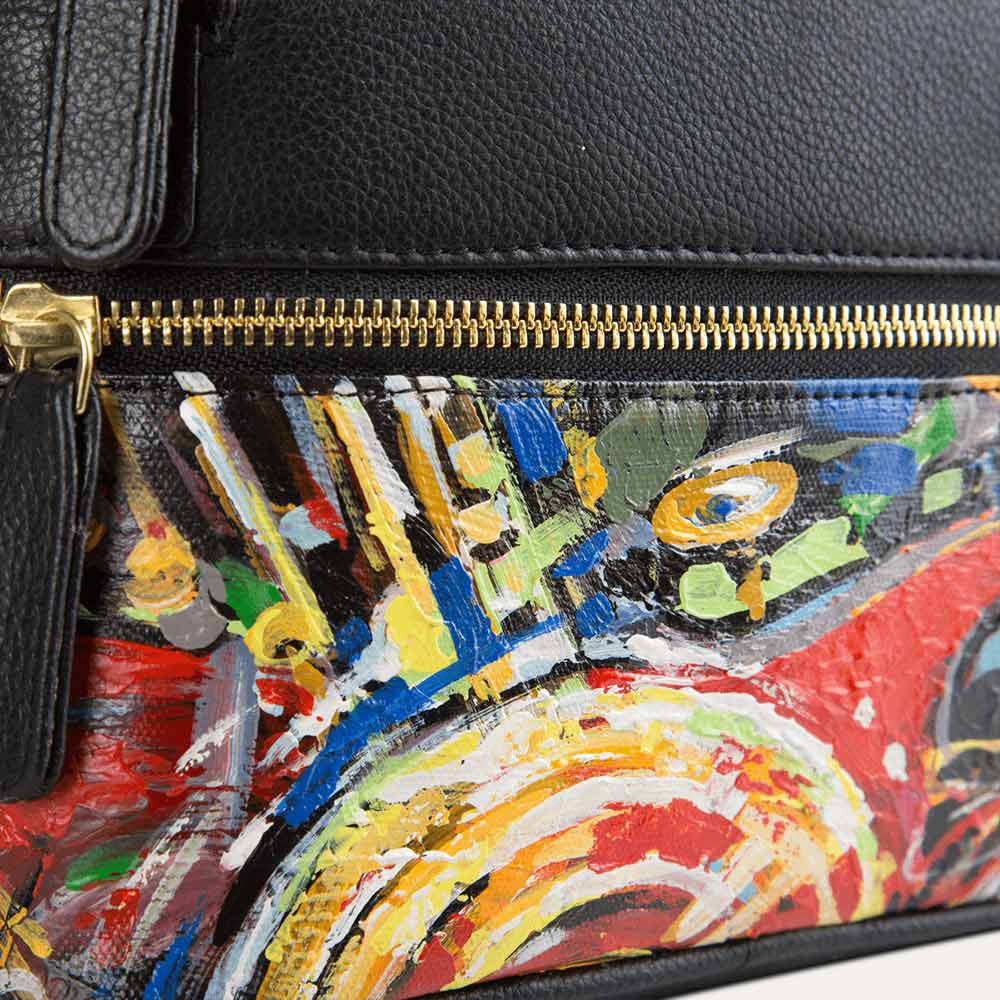 Apollo Mini Backpack hand painted backpack for women in black leather Paul Adams