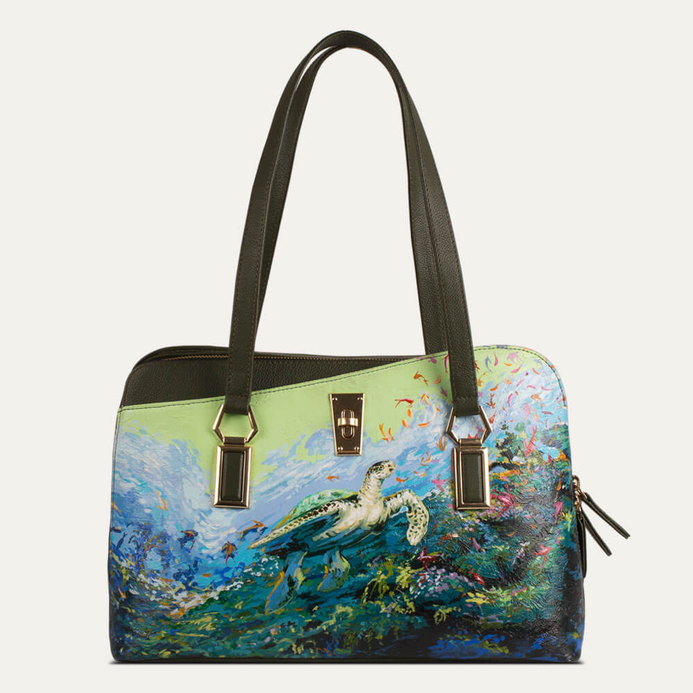 Valerie leather handbag in Cactus Green for office and all-day uses. Shop at Paul Adams.